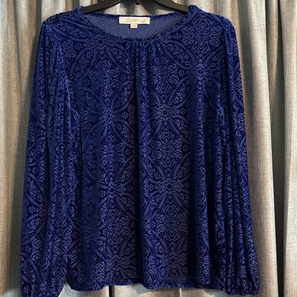 LOFT VELVET‎ BURNOUT BLOUSE MEDIUM BLUE FLORAL WHIMSIGOTH Y2K FLOWY FLOUNCE